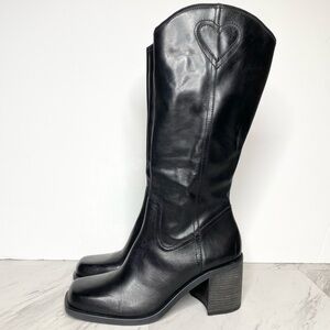 Lucky Brand Myinda Black Leather Square Toe Heeled Tall Boot 11M